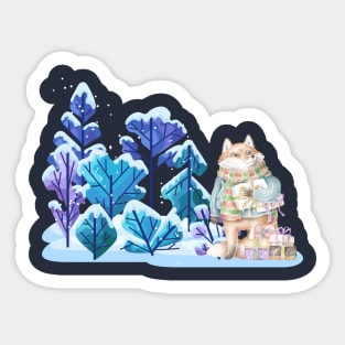 Fox with presents in snowy forest Sticker